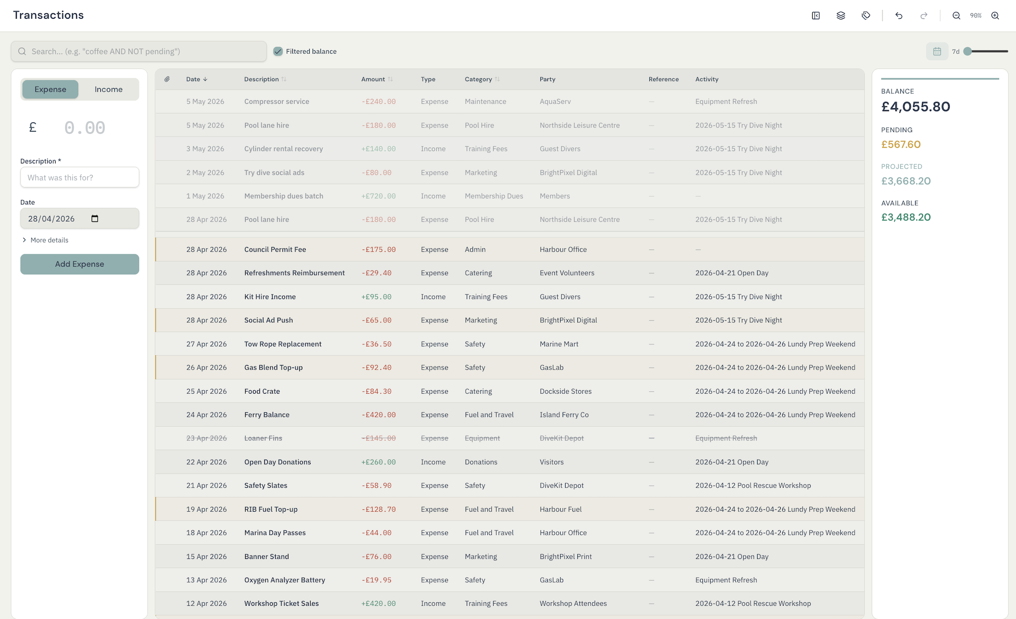 Fidra transactions view
